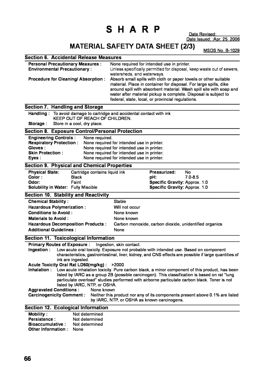 Sharp UX-B800SE MATERIAL SAFETY DATA SHEET 2/3, S H A R P, Accidental Release Measures, Handling and Storage 