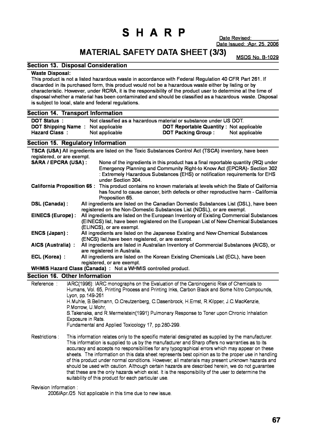 Sharp UX-B800SE operation manual MATERIAL SAFETY DATA SHEET 3/3, S H A R P, Disposal Consideration, Transport Information 