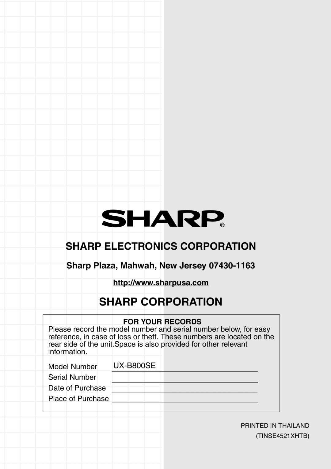 Sharp UX-B800SE operation manual Sharp Corporation, Sharp Electronics Corporation, Sharp Plaza, Mahwah, New Jersey 