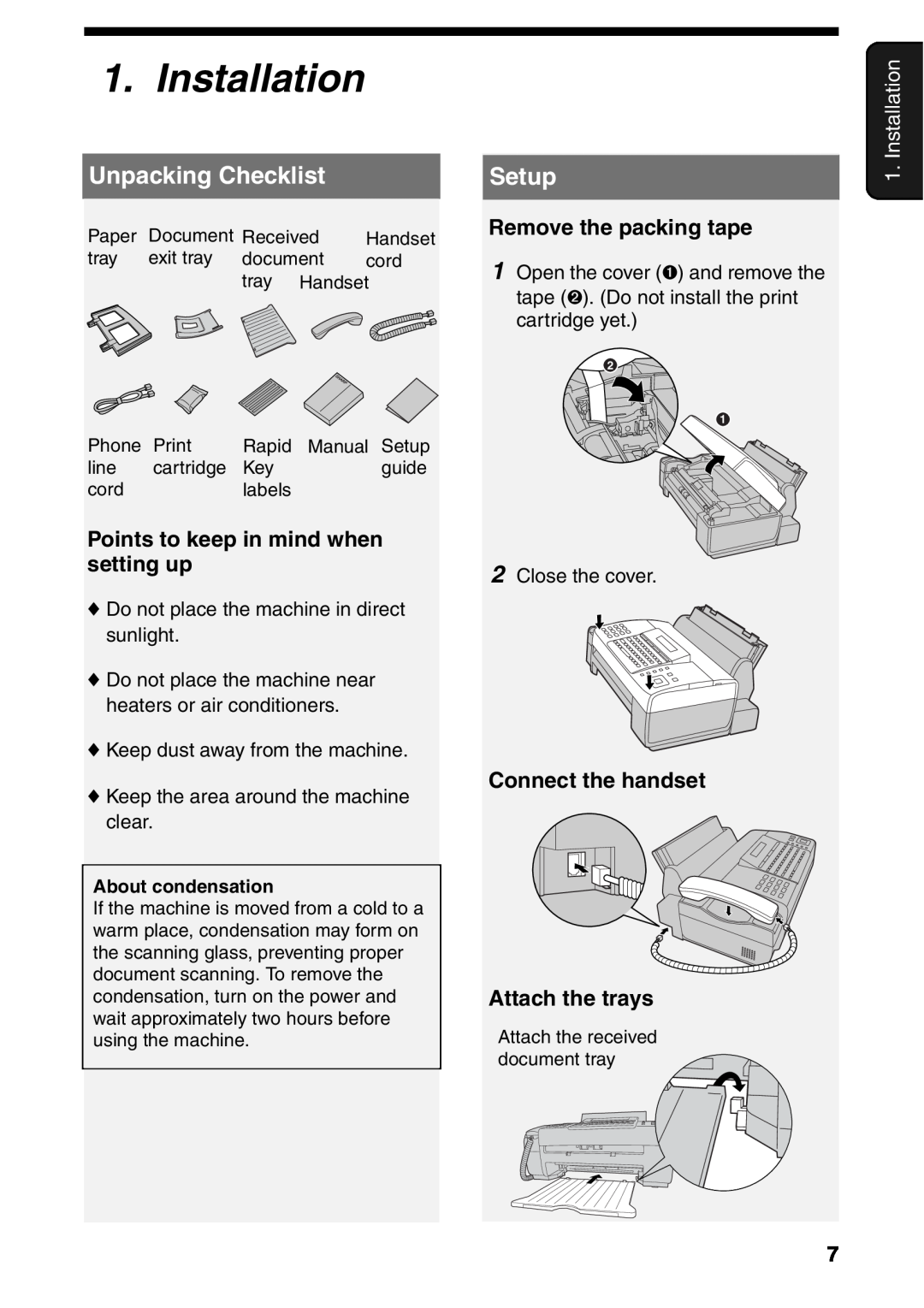 Sharp UX-B800SE operation manual Installation, Unpacking Checklist, Setup 