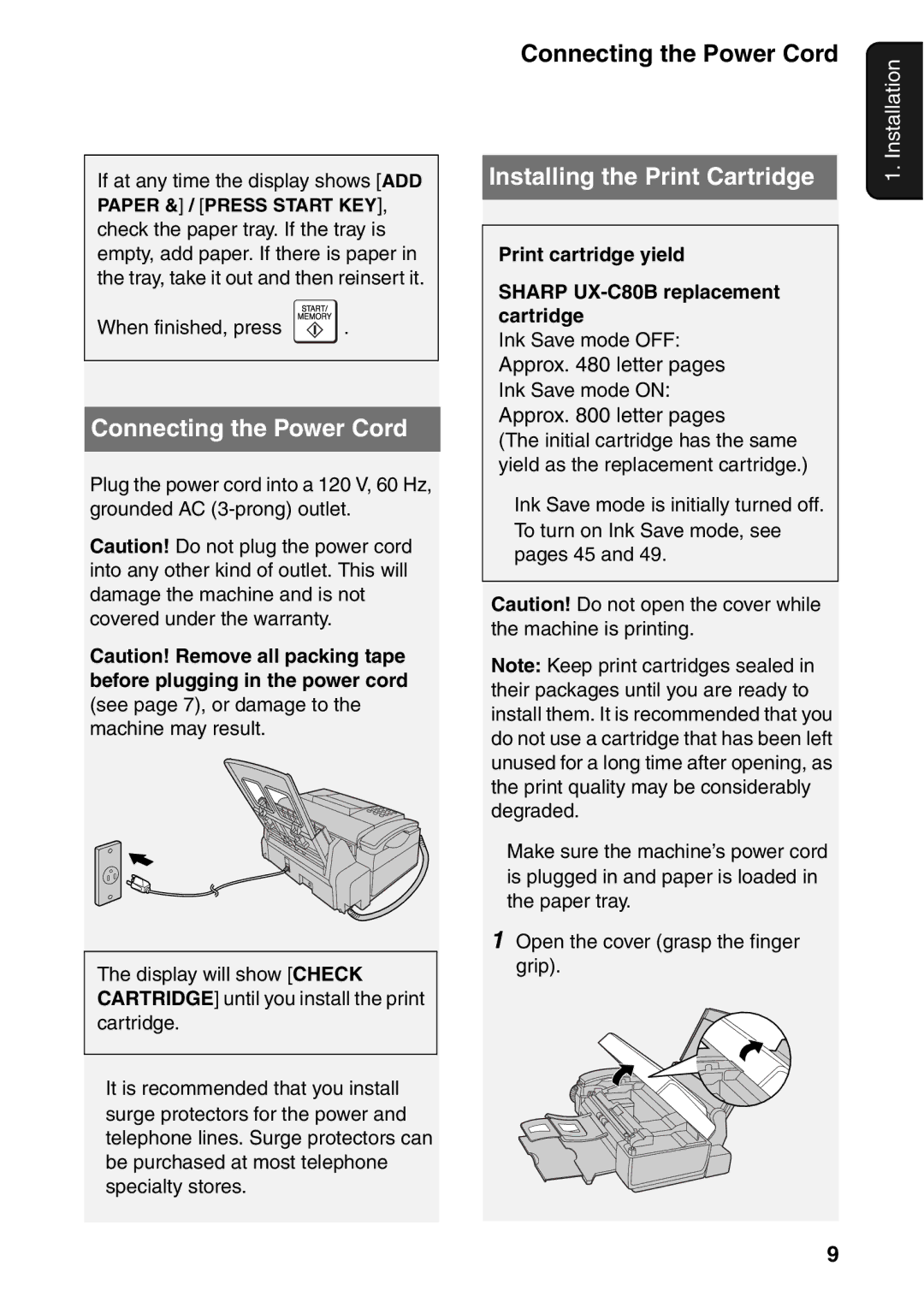 Sharp UX-B800SE operation manual Connecting the Power Cord, Installing the Print Cartridge 