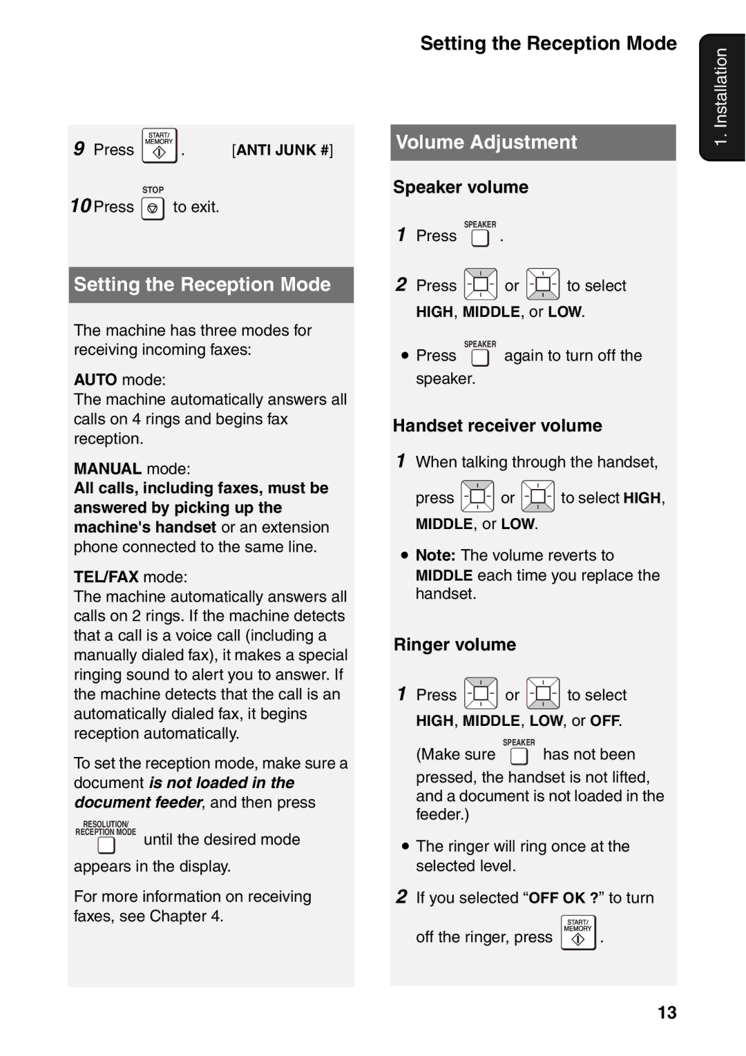 Sharp UX-B800SE operation manual Setting the Reception Mode, Volume Adjustment 