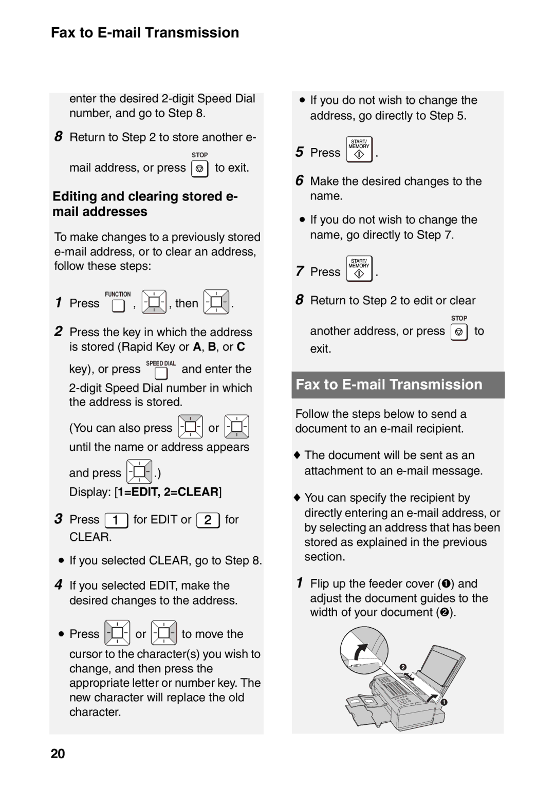 Sharp UX-B800SE Fax to E-mail Transmission, Editing and clearing stored e- mail addresses, Display 1=EDIT, 2=CLEAR 