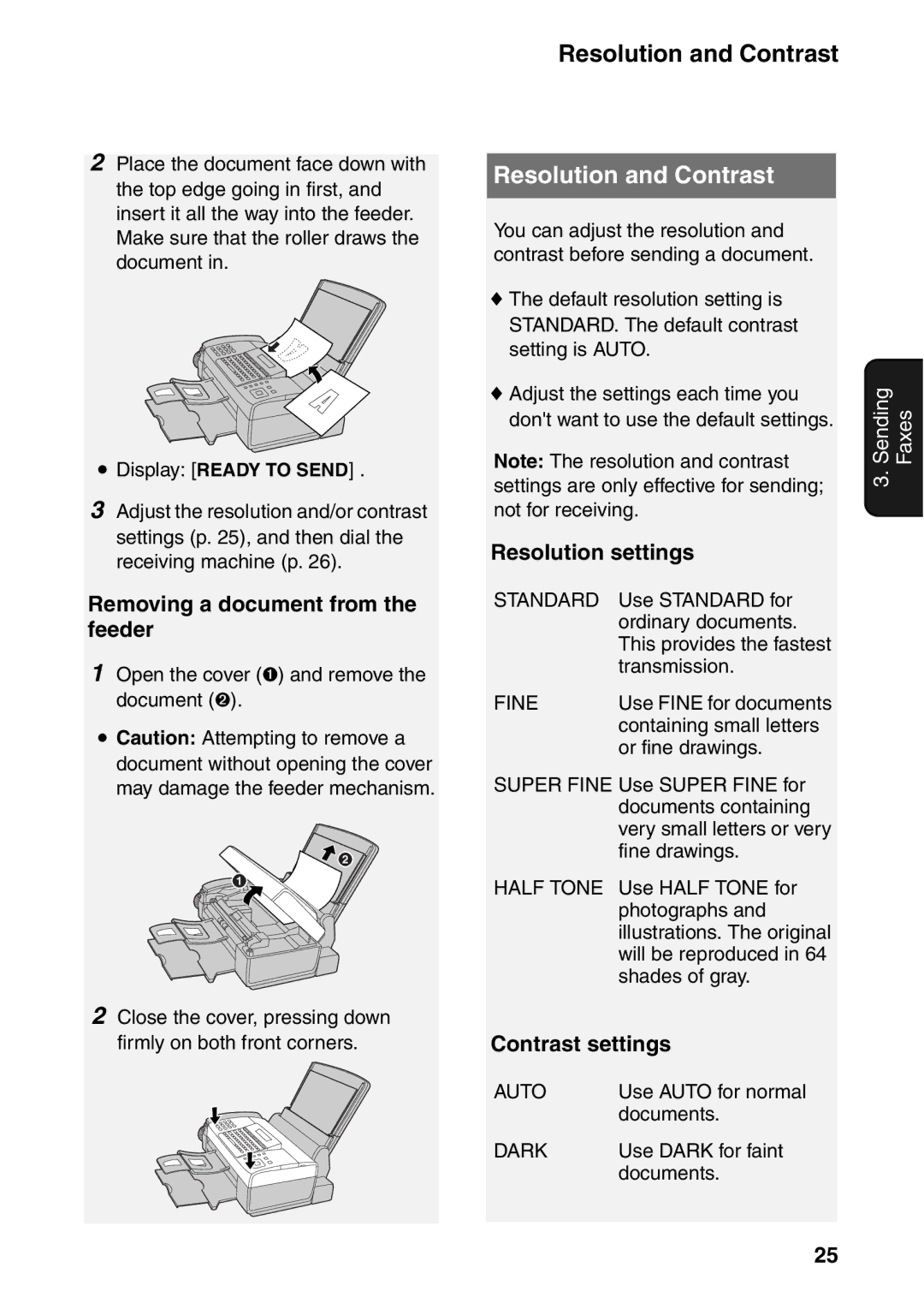 Sharp UX-B800SE Resolution and Contrast, Removing a document from the feeder, Resolution settings, Contrast settings 