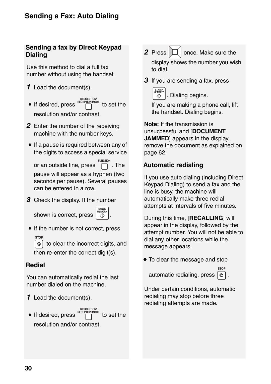 Sharp UX-B800SE operation manual Sending a fax by Direct Keypad Dialing, Redial, Automatic redialing, press 