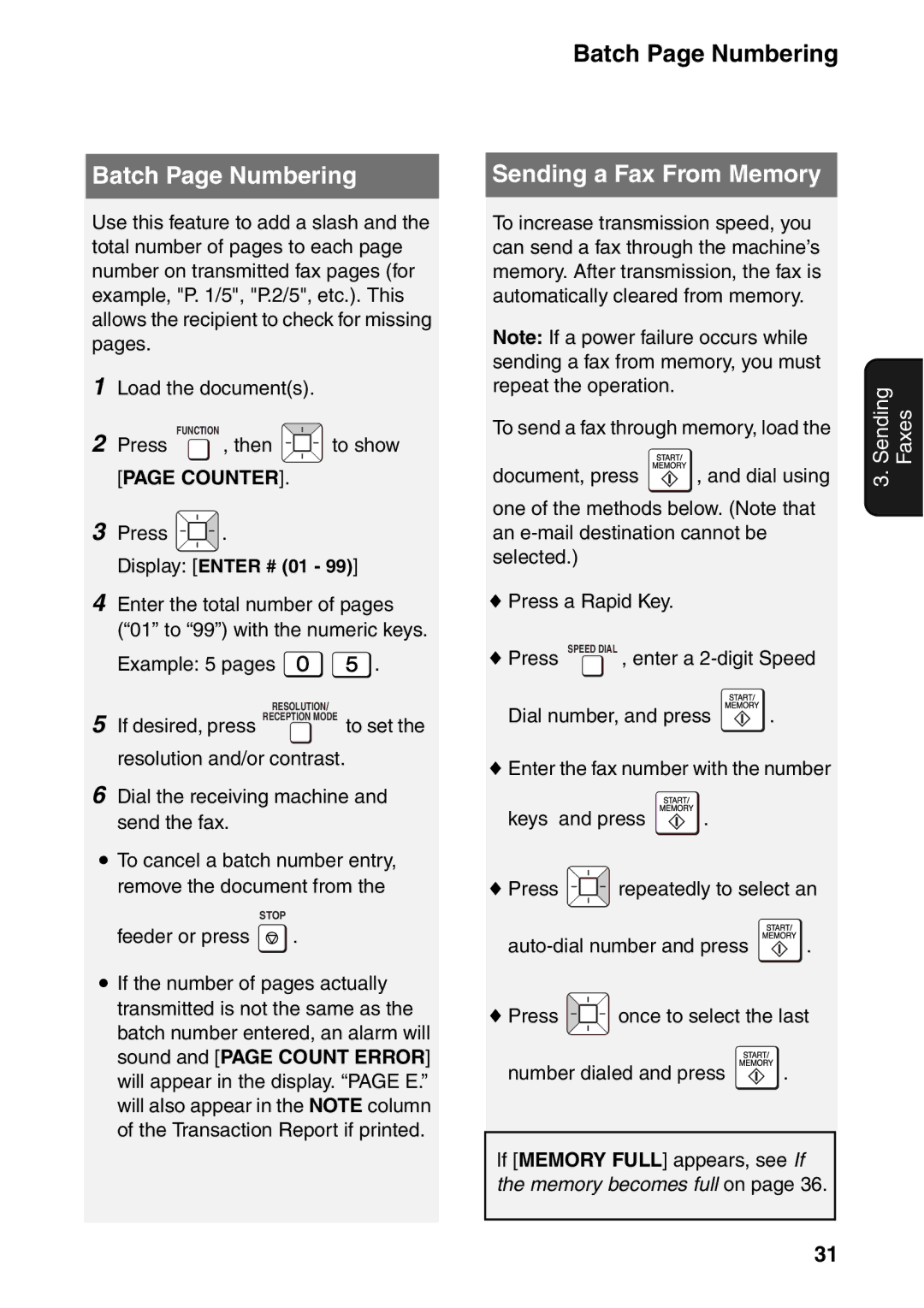 Sharp UX-B800SE operation manual Batch Page Numbering, Sending a Fax From Memory 