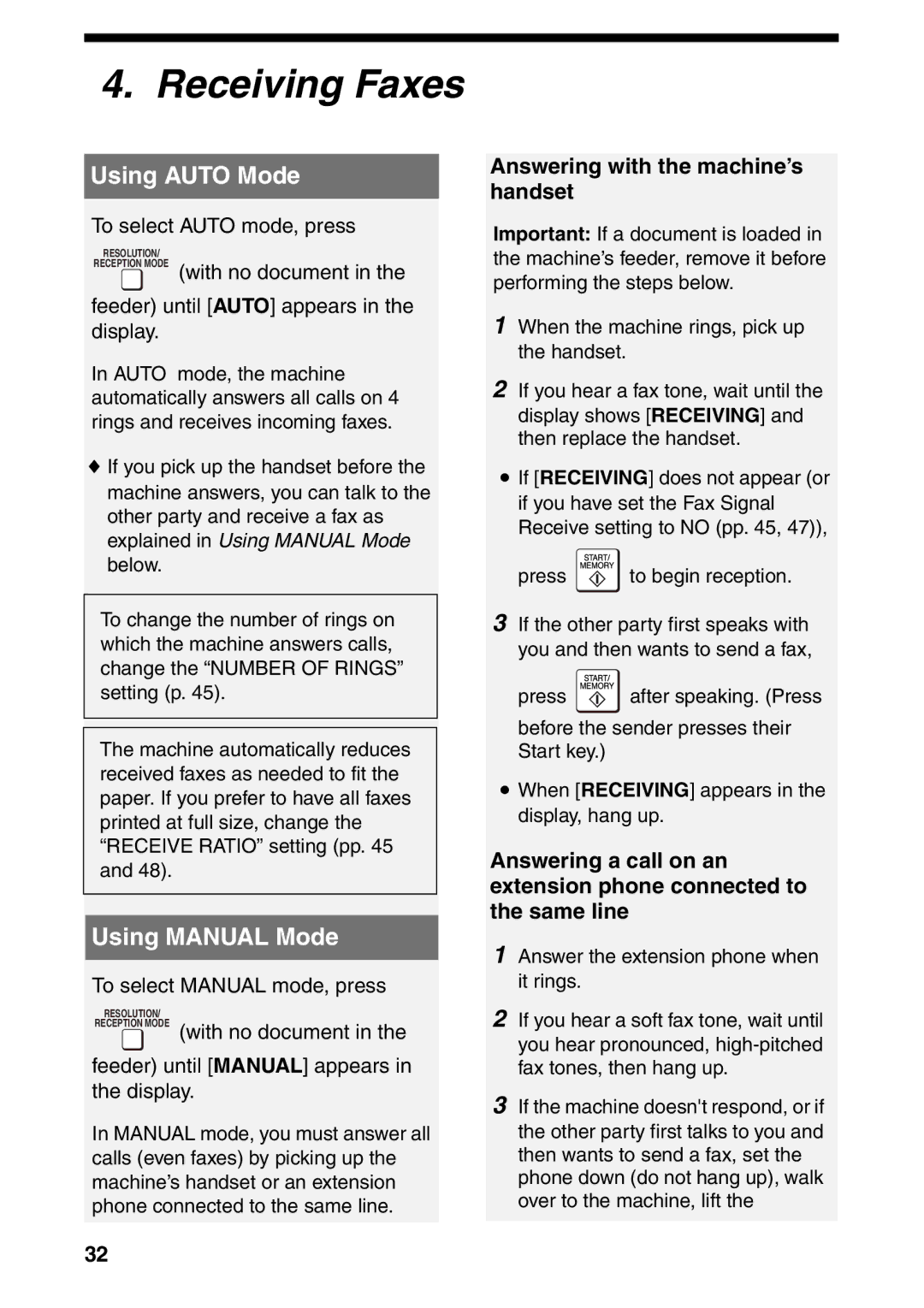 Sharp UX-B800SE operation manual Receiving Faxes, Using Auto Mode, Using Manual Mode, Answering with the machine’s handset 