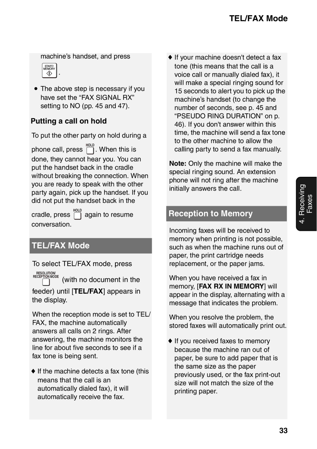 Sharp UX-B800SE operation manual TEL/FAX Mode, Reception to Memory, Putting a call on hold 