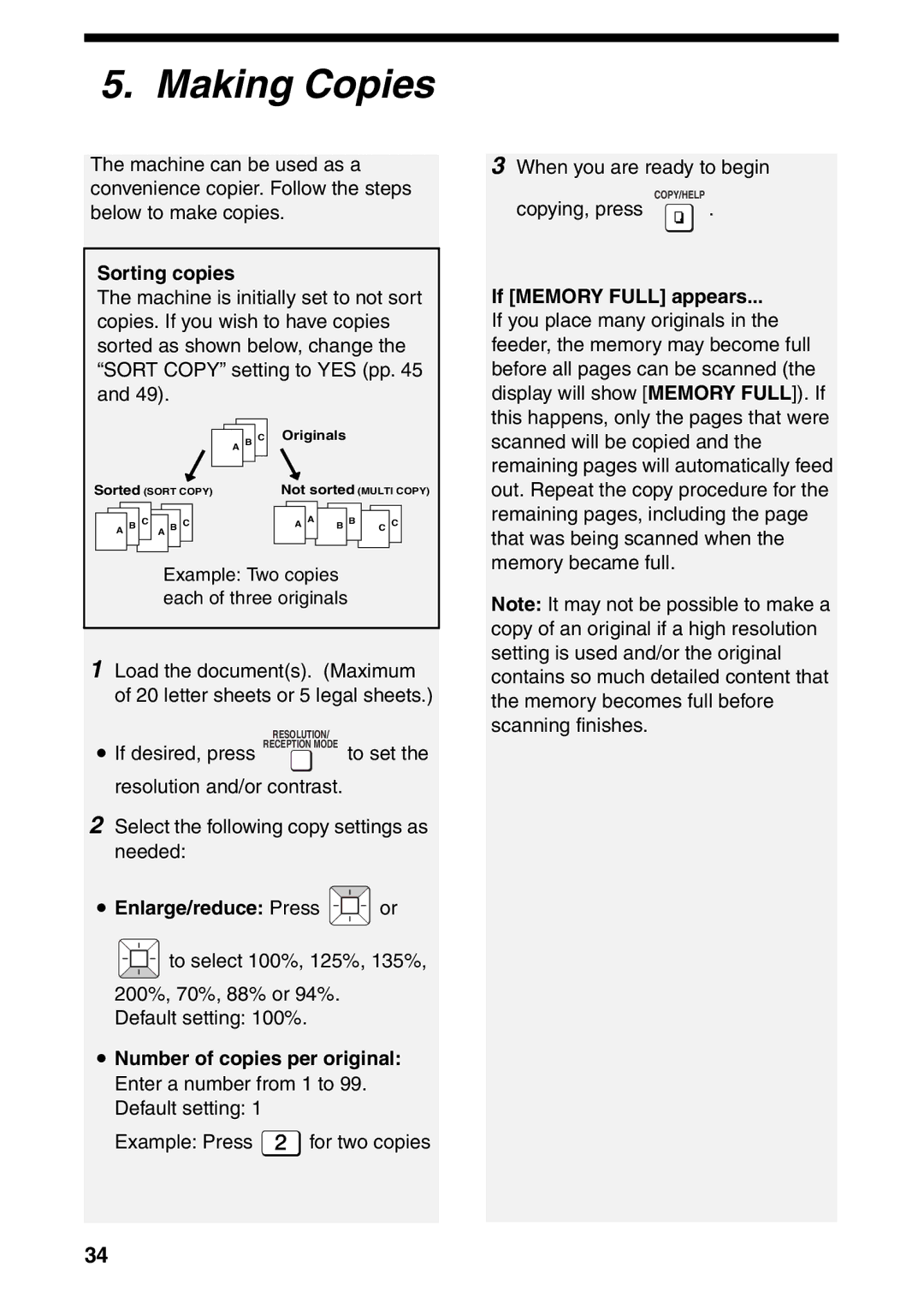 Sharp UX-B800SE operation manual Making Copies, Sorting copies, Enlarge/reduce Press or, If Memory Full appears 