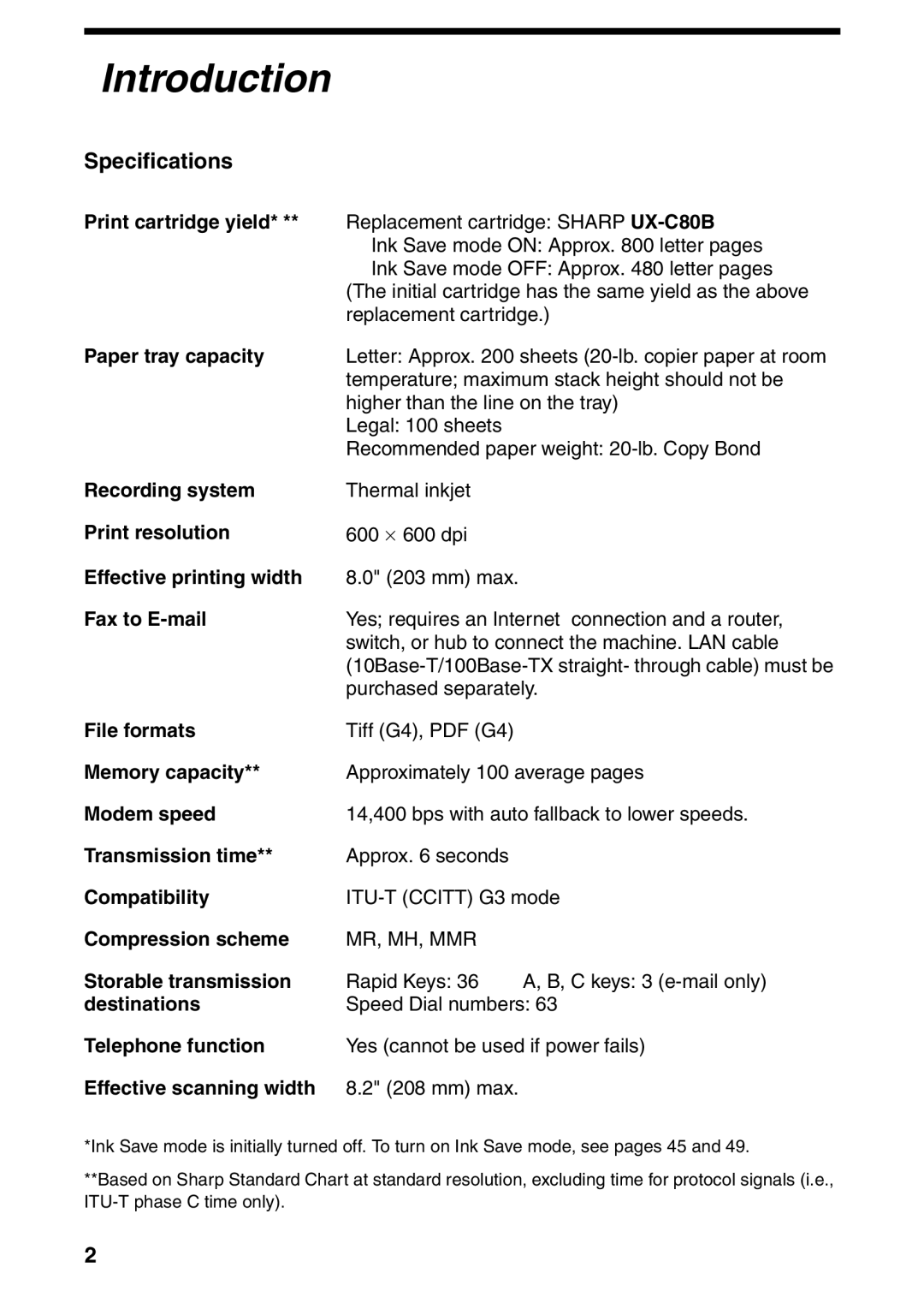 Sharp UX-B800SE operation manual Introduction, Specifications 