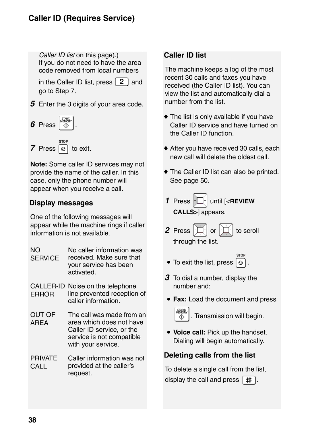 Sharp UX-B800SE operation manual Display messages, Caller ID list, Deleting calls from the list, Number 