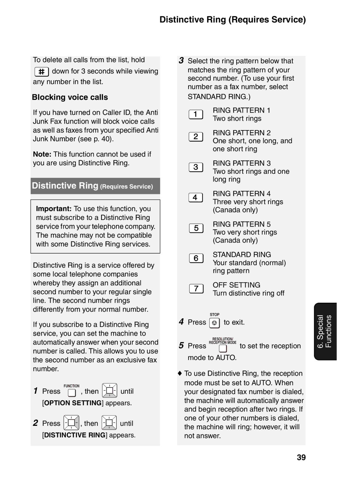 Sharp UX-B800SE operation manual Distinctive Ring Requires Service, Blocking voice calls 