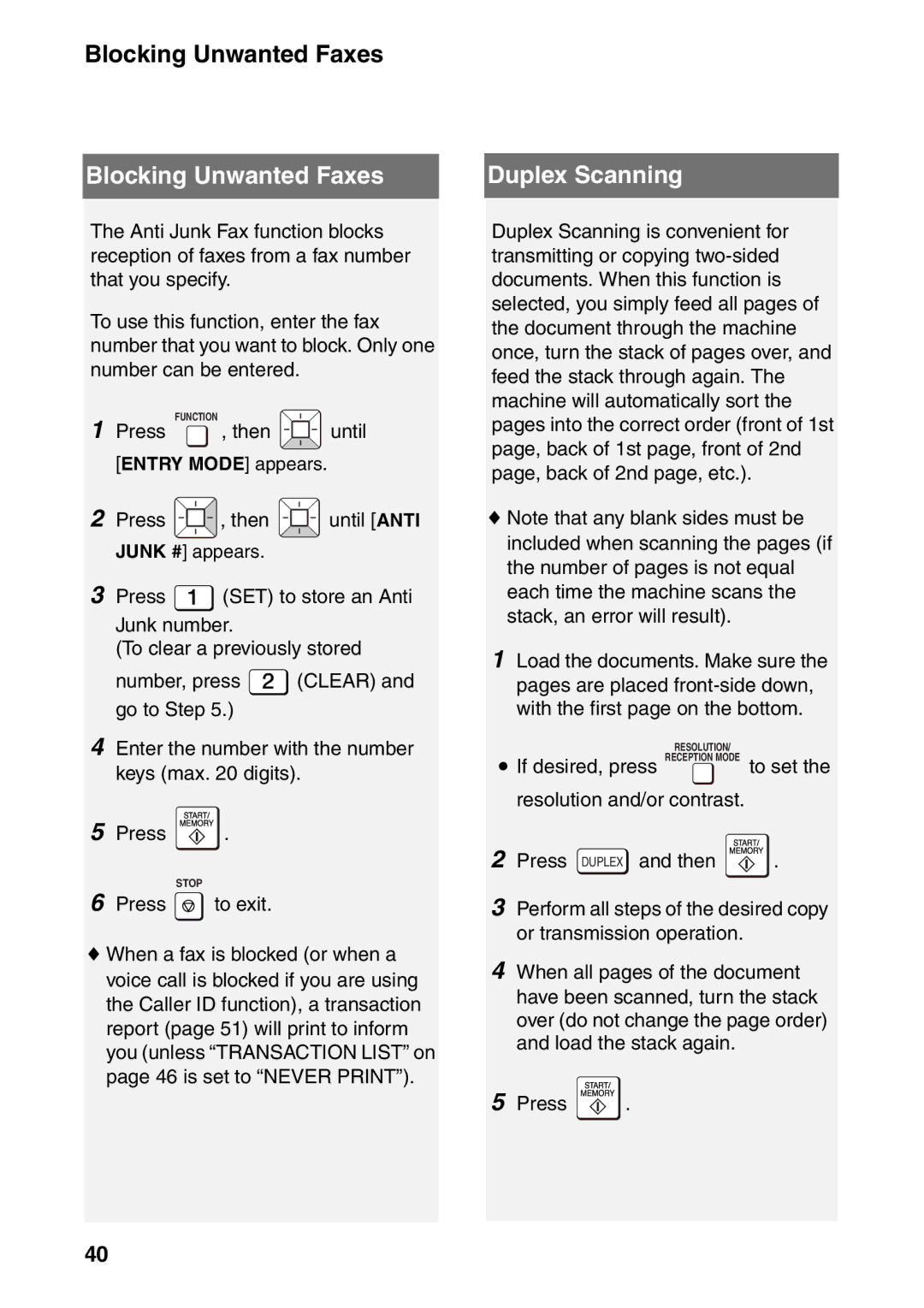 Sharp UX-B800SE operation manual Blocking Unwanted Faxes, Duplex Scanning 