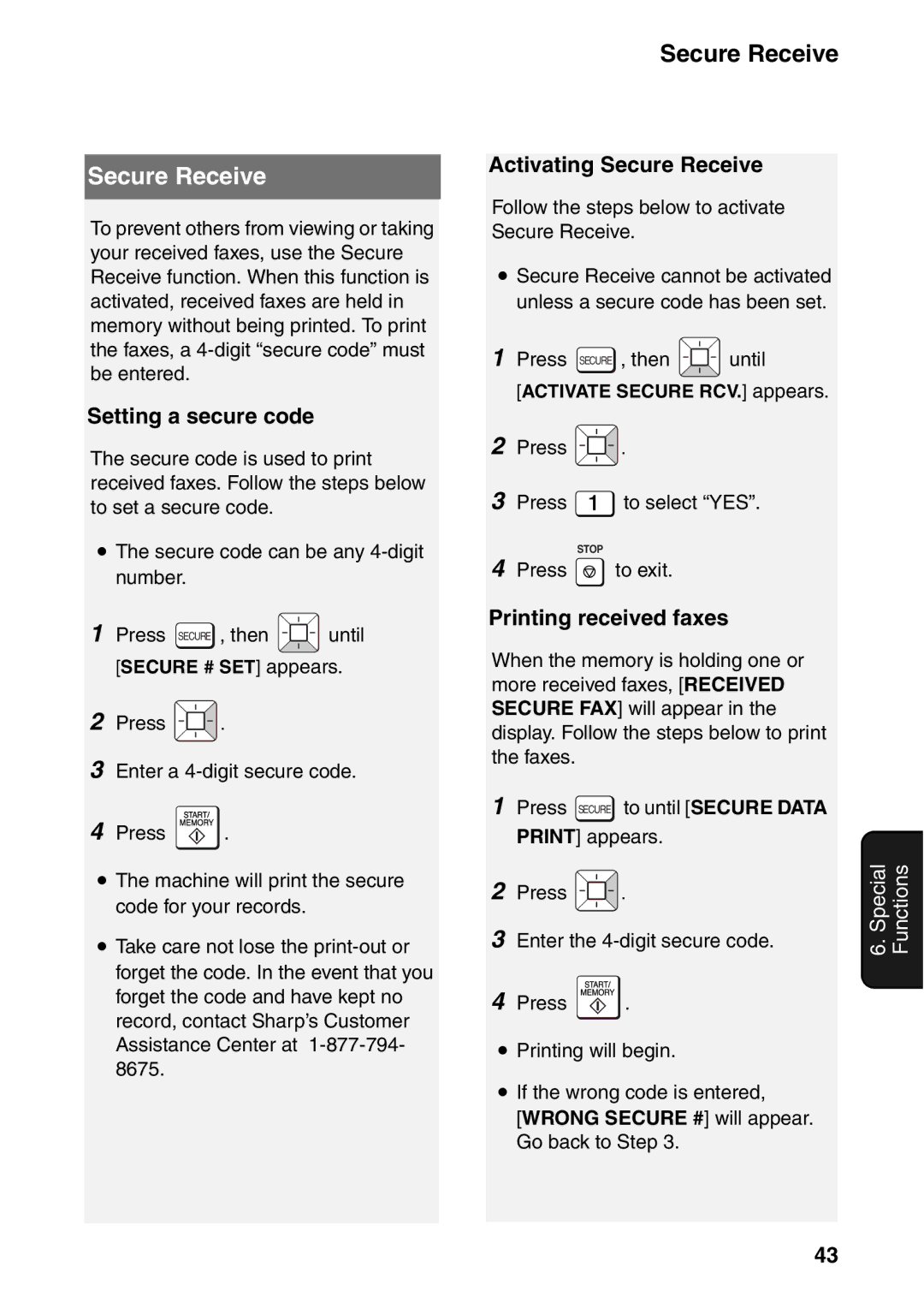 Sharp UX-B800SE operation manual Setting a secure code, Activating Secure Receive, Printing received faxes 