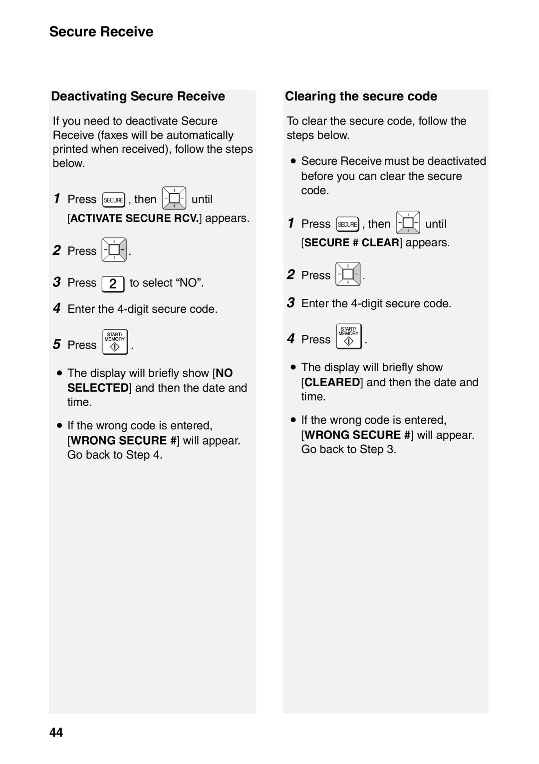 Sharp UX-B800SE operation manual Deactivating Secure Receive, Clearing the secure code 