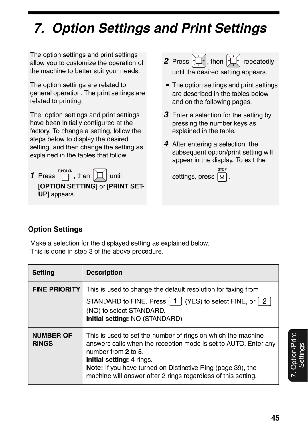 Sharp UX-B800SE operation manual Option Settings and Print Settings, Initial setting no Standard, Initial setting 4 rings 