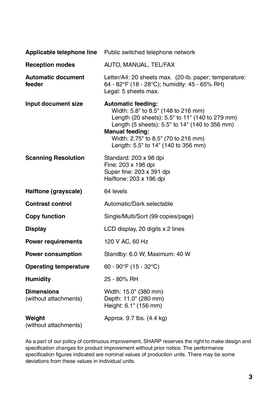 Sharp UX-B800SE Applicable telephone line, Reception modes, Automatic document, Feeder, Manual feeding, Halftone grayscale 