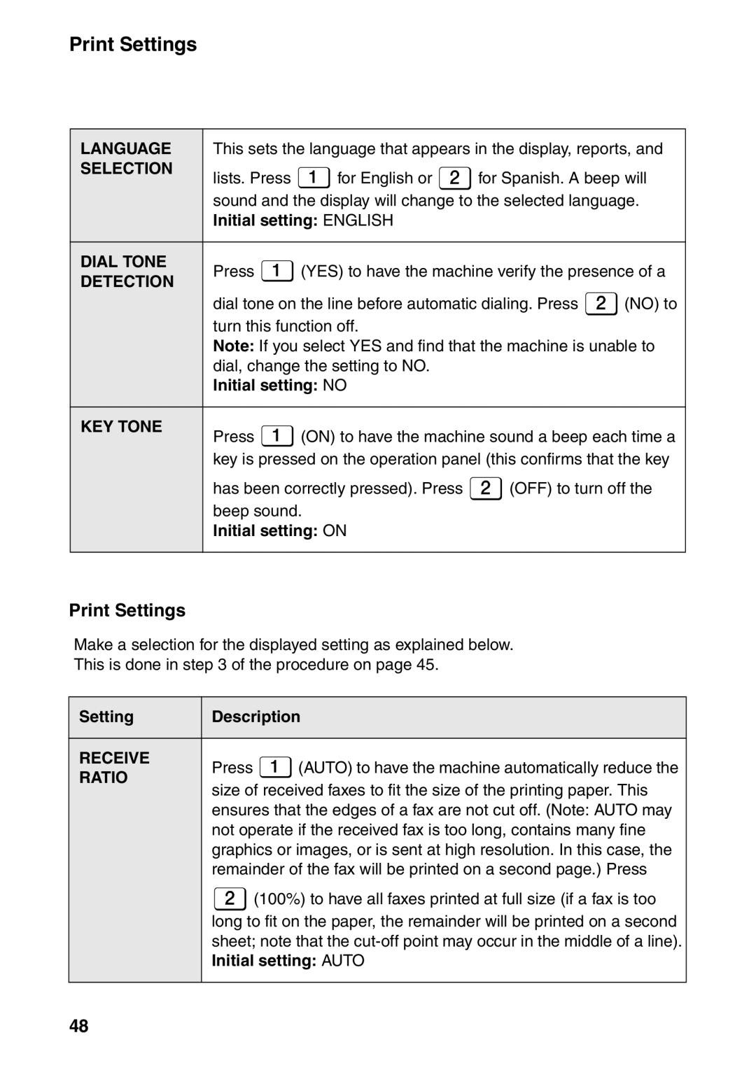 Sharp UX-B800SE Print Settings, Initial setting English, Press YES to have the machine verify the presence of a 