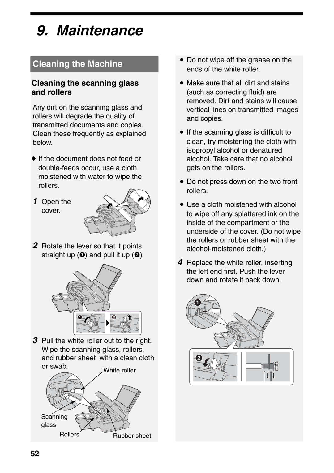 Sharp UX-B800SE operation manual Maintenance, Cleaning the Machine, Cleaning the scanning glass and rollers 