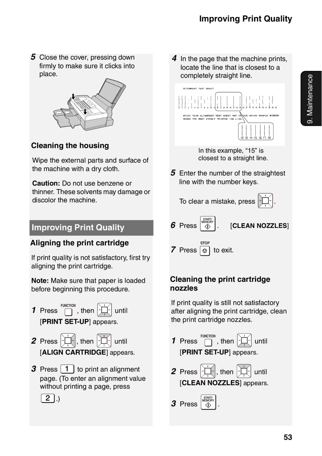 Sharp UX-B800SE operation manual Improving Print Quality, Cleaning the housing, Aligning the print cartridge 