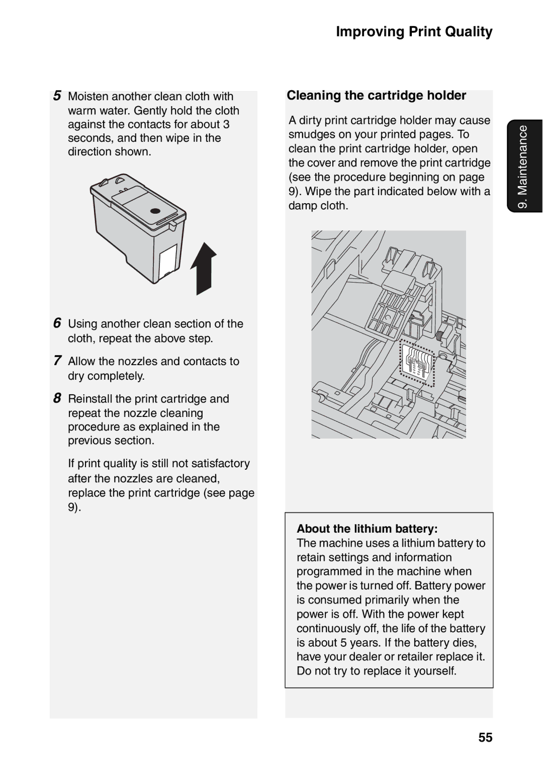 Sharp UX-B800SE Cleaning the cartridge holder, Dirty print cartridge holder may cause, About the lithium battery 