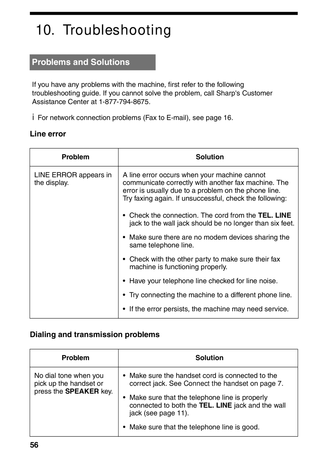 Sharp UX-B800SE operation manual Troubleshooting, Problems and Solutions, Line error, Dialing and transmission problems 