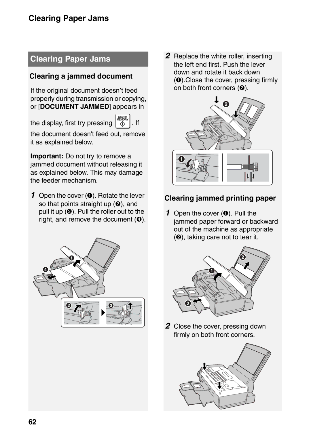 Sharp UX-B800SE operation manual Clearing Paper Jams, Clearing a jammed document, Clearing jammed printing paper 