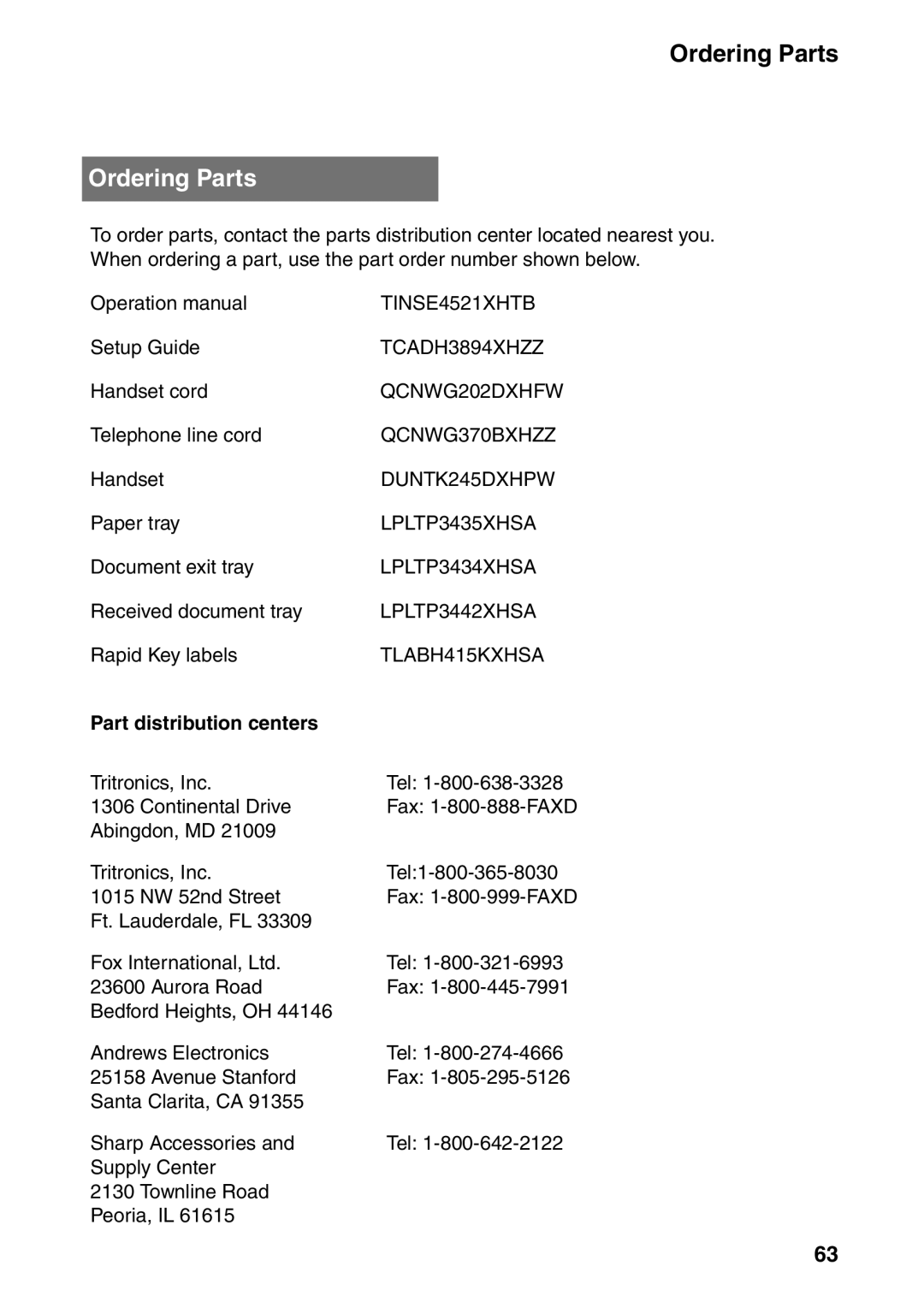 Sharp UX-B800SE operation manual Ordering Parts, Part distribution centers 