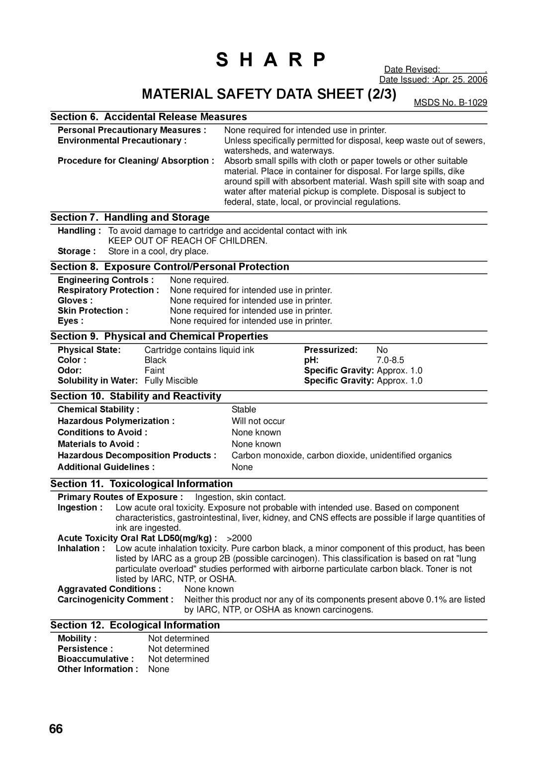 Sharp UX-B800SE operation manual Material Safety Data Sheet 2/3 