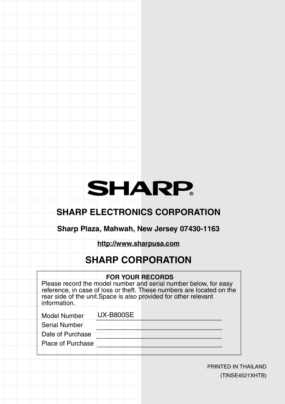 Sharp UX-B800SE operation manual Sharp Corporation, Sharp Plaza, Mahwah, New Jersey 