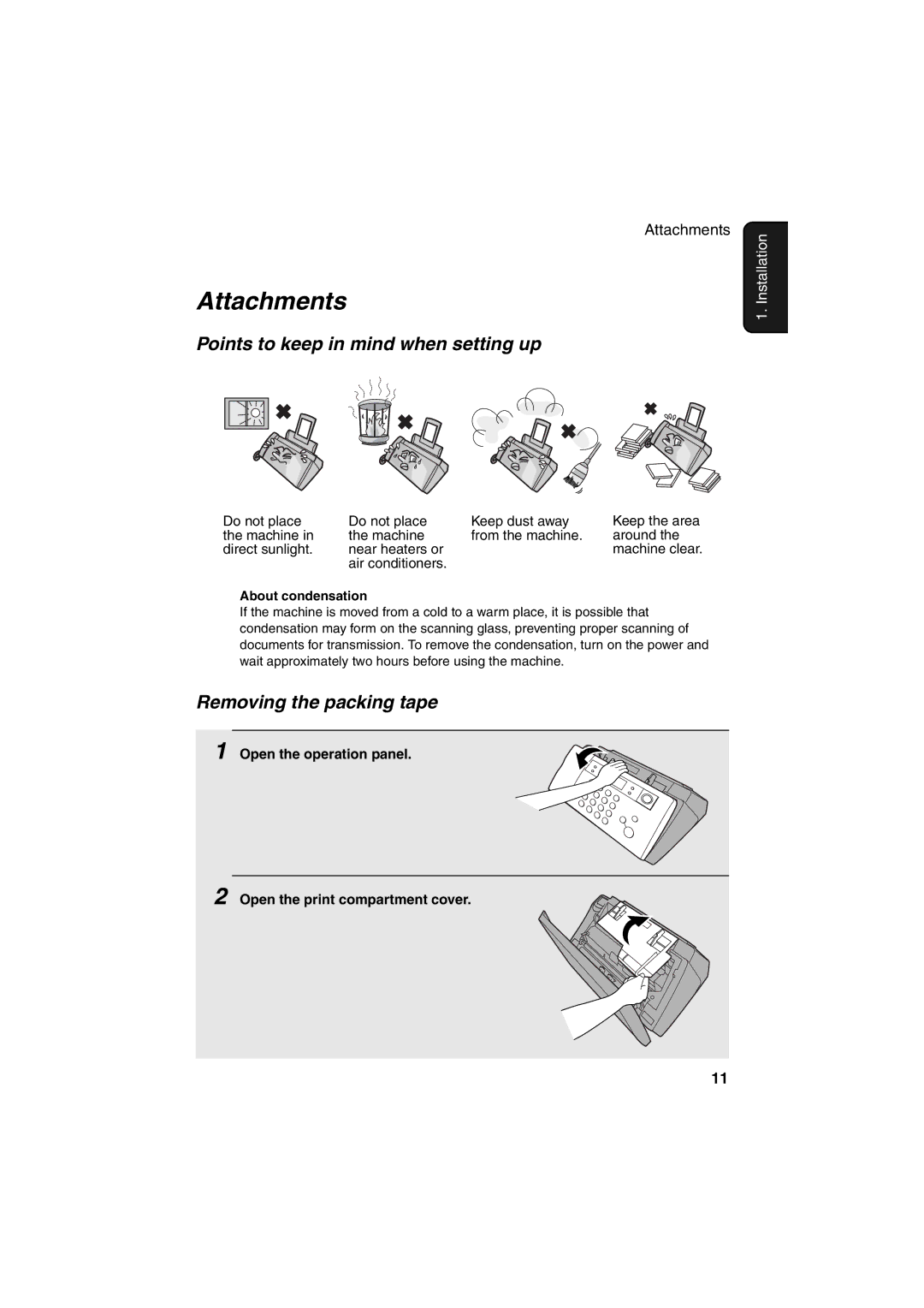 Sharp UX-BS60 operation manual Attachments, Points to keep in mind when setting up, Removing the packing tape 