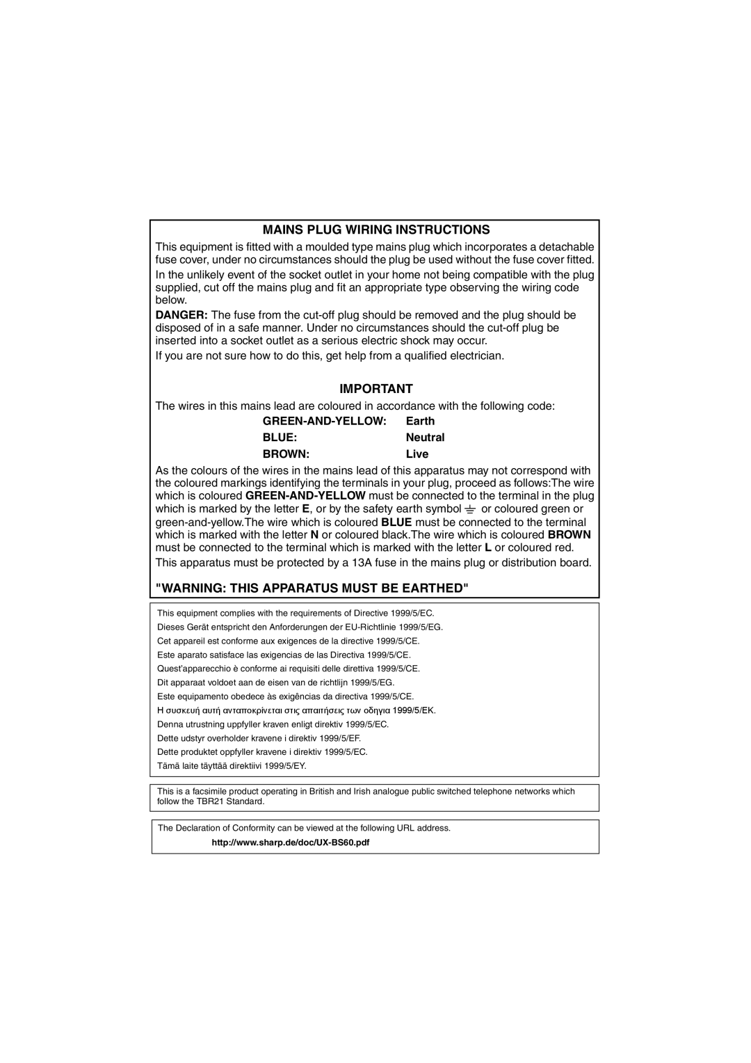 Sharp UX-BS60 operation manual Mains Plug Wiring Instructions, GREEN-AND-YELLOW Earth BLUENeutral BROWNLive 