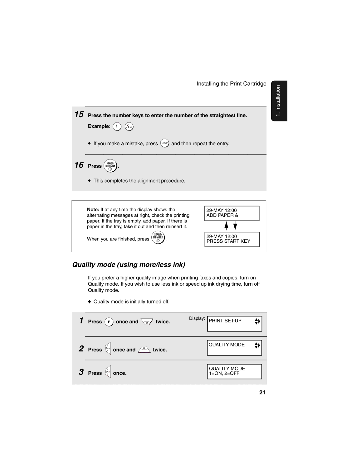 Sharp UX-BS60 operation manual Quality mode using more/less ink, Press Memory, Press Once Twice, Press once and twice 