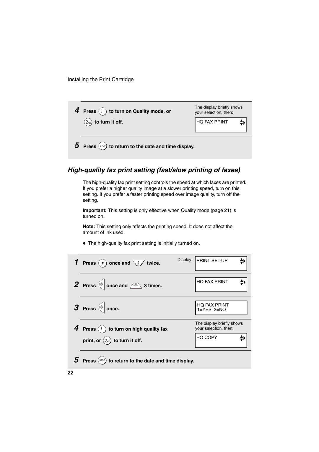 Sharp UX-BS60 operation manual High-quality fax print setting fast/slow printing of faxes 