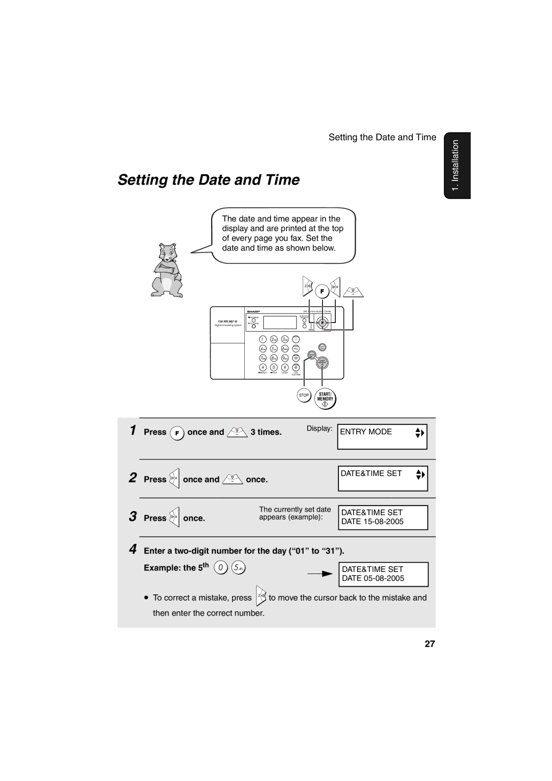 Sharp UX-BS60 operation manual Setting the Date and Time, Press once and once 