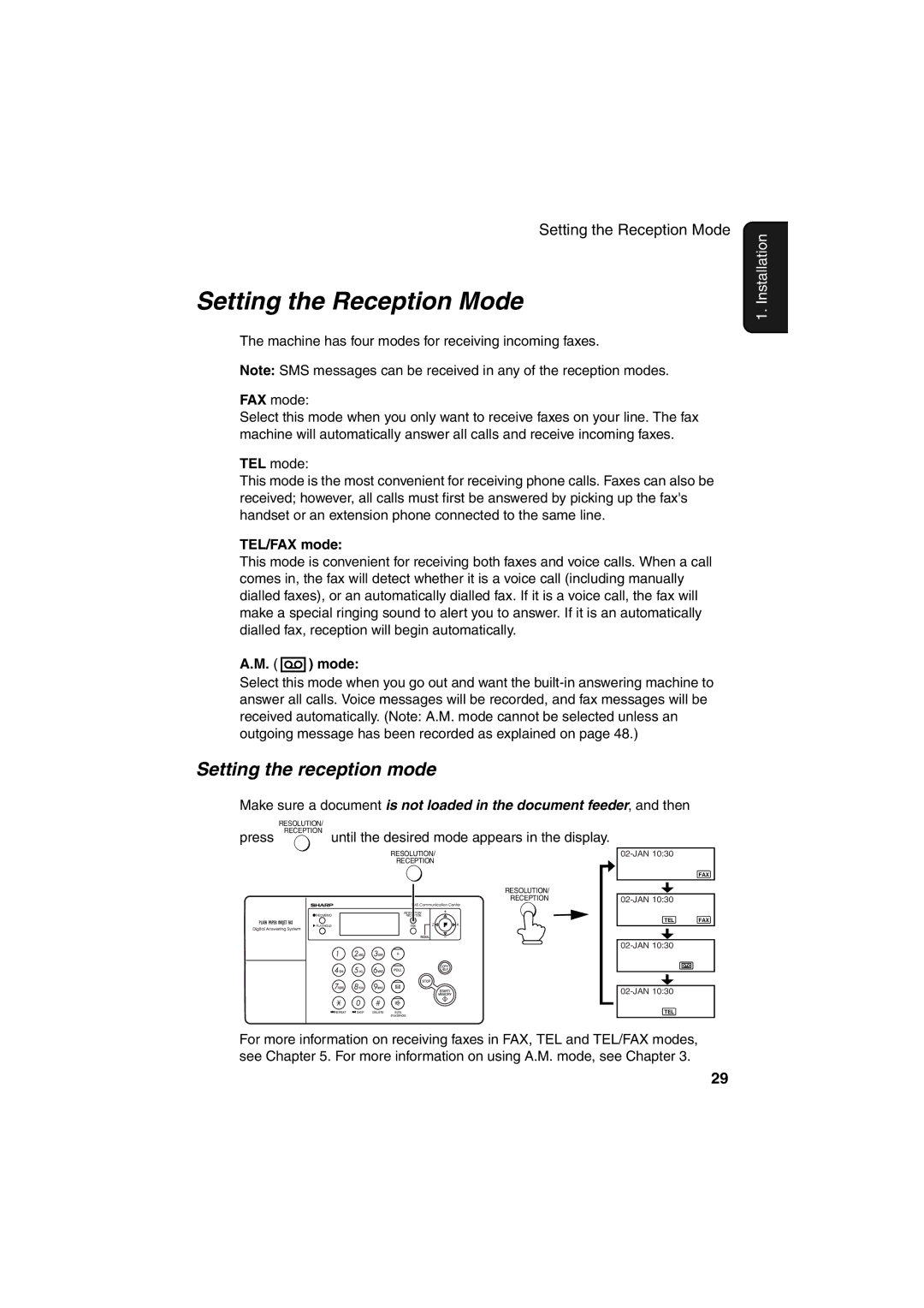 Sharp UX-BS60 operation manual Setting the Reception Mode, Setting the reception mode, TEL/FAX mode 