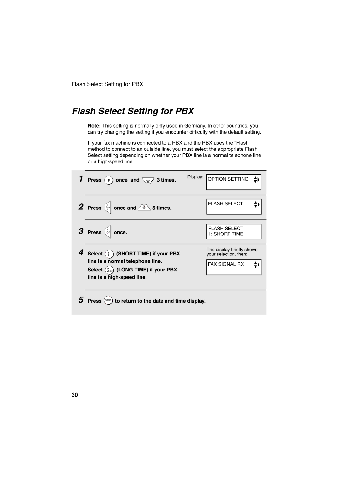 Sharp UX-BS60 operation manual Flash Select Setting for PBX, Press Once and 3 times, Press once and 5 times 