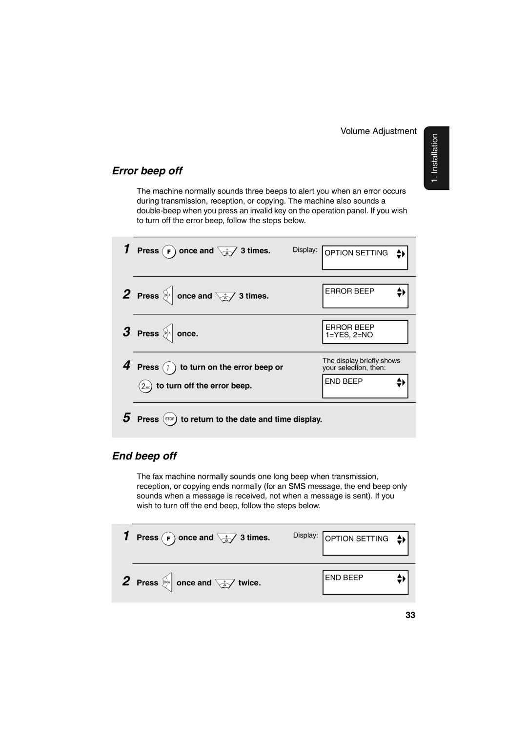 Sharp UX-BS60 operation manual Error beep off, End beep off, Press To turn on the error beep or, To turn off the error beep 