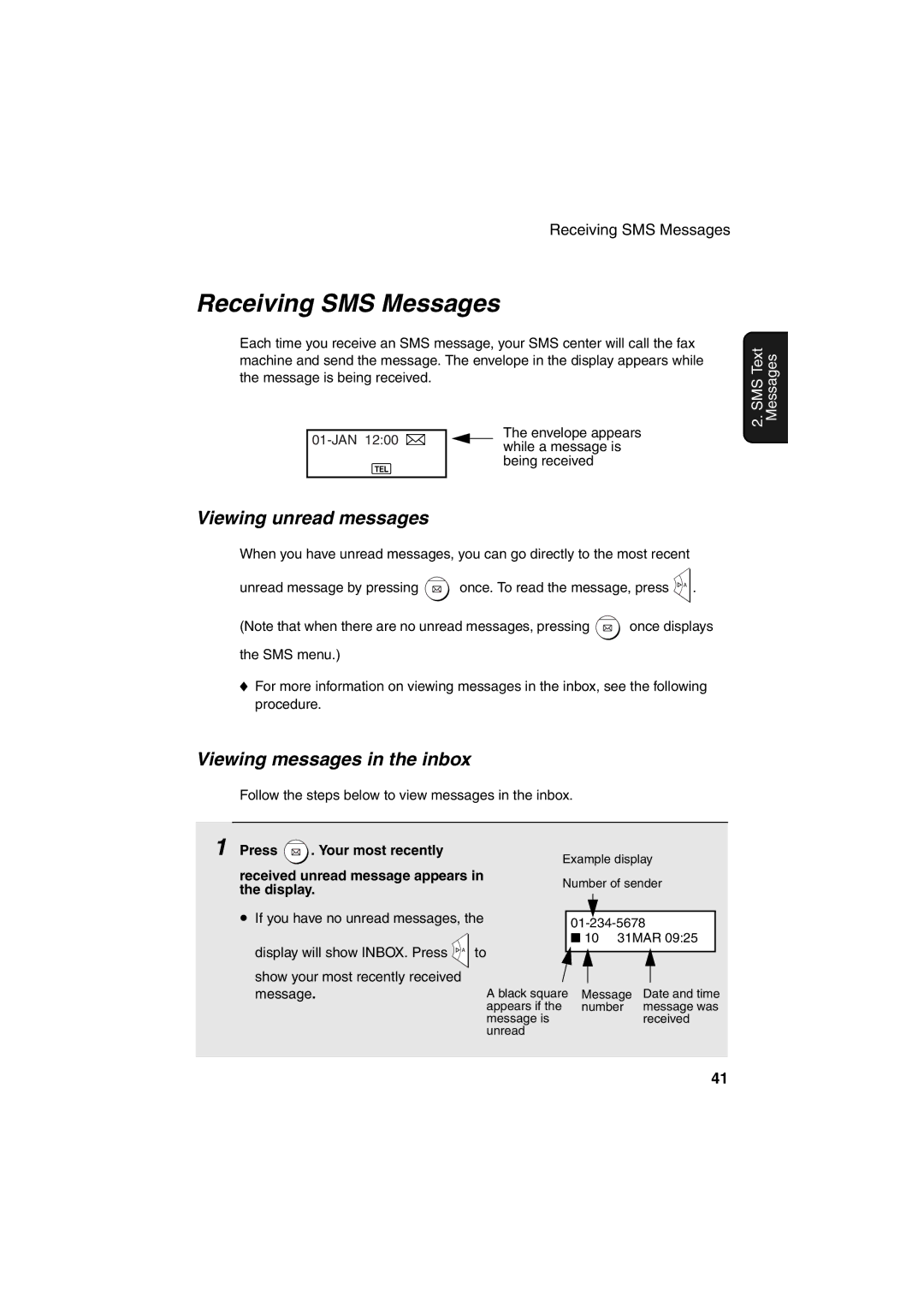 Sharp UX-BS60 operation manual Receiving SMS Messages, Viewing unread messages, Viewing messages in the inbox 