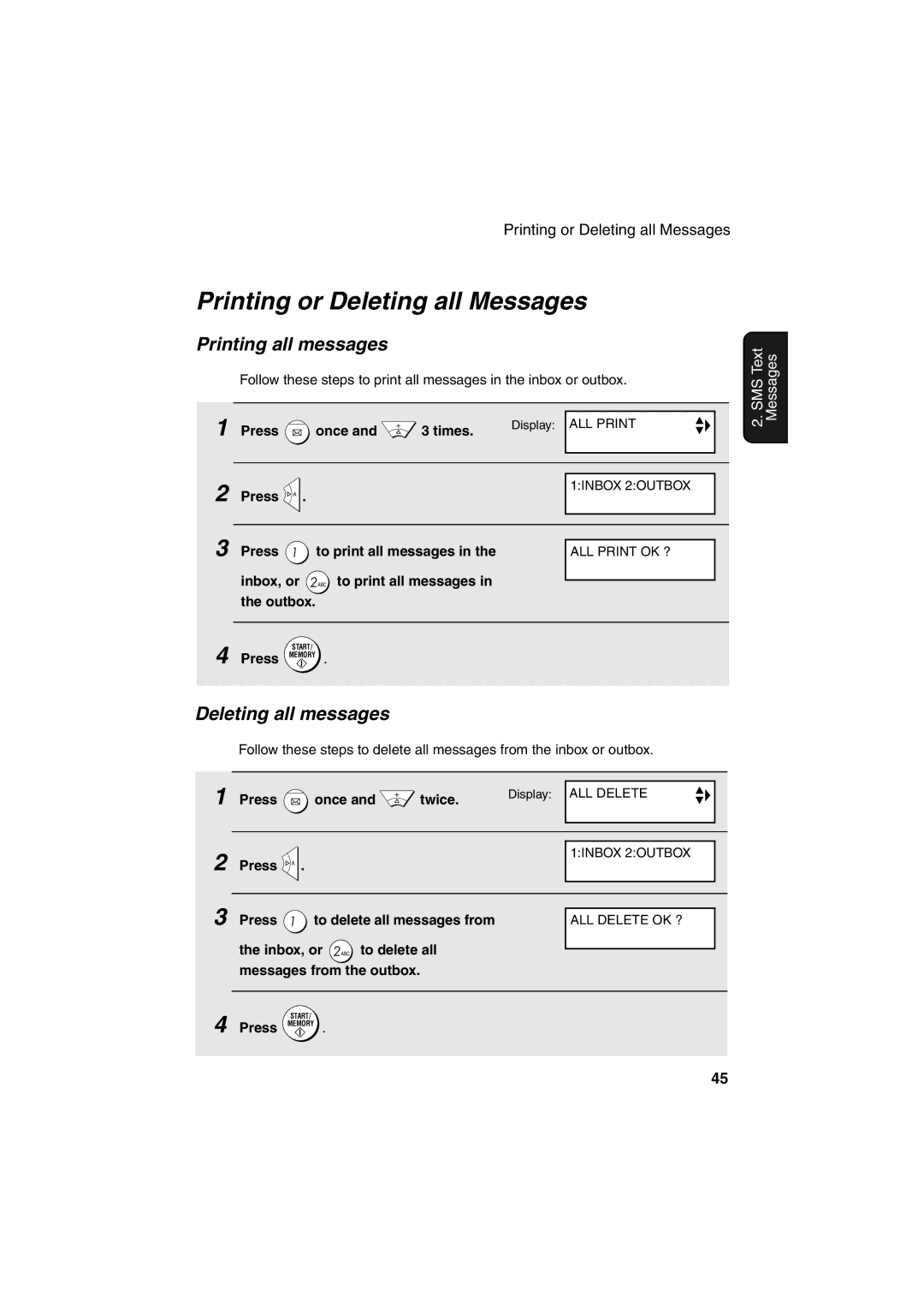 Sharp UX-BS60 operation manual Printing or Deleting all Messages, Printing all messages, Deleting all messages 