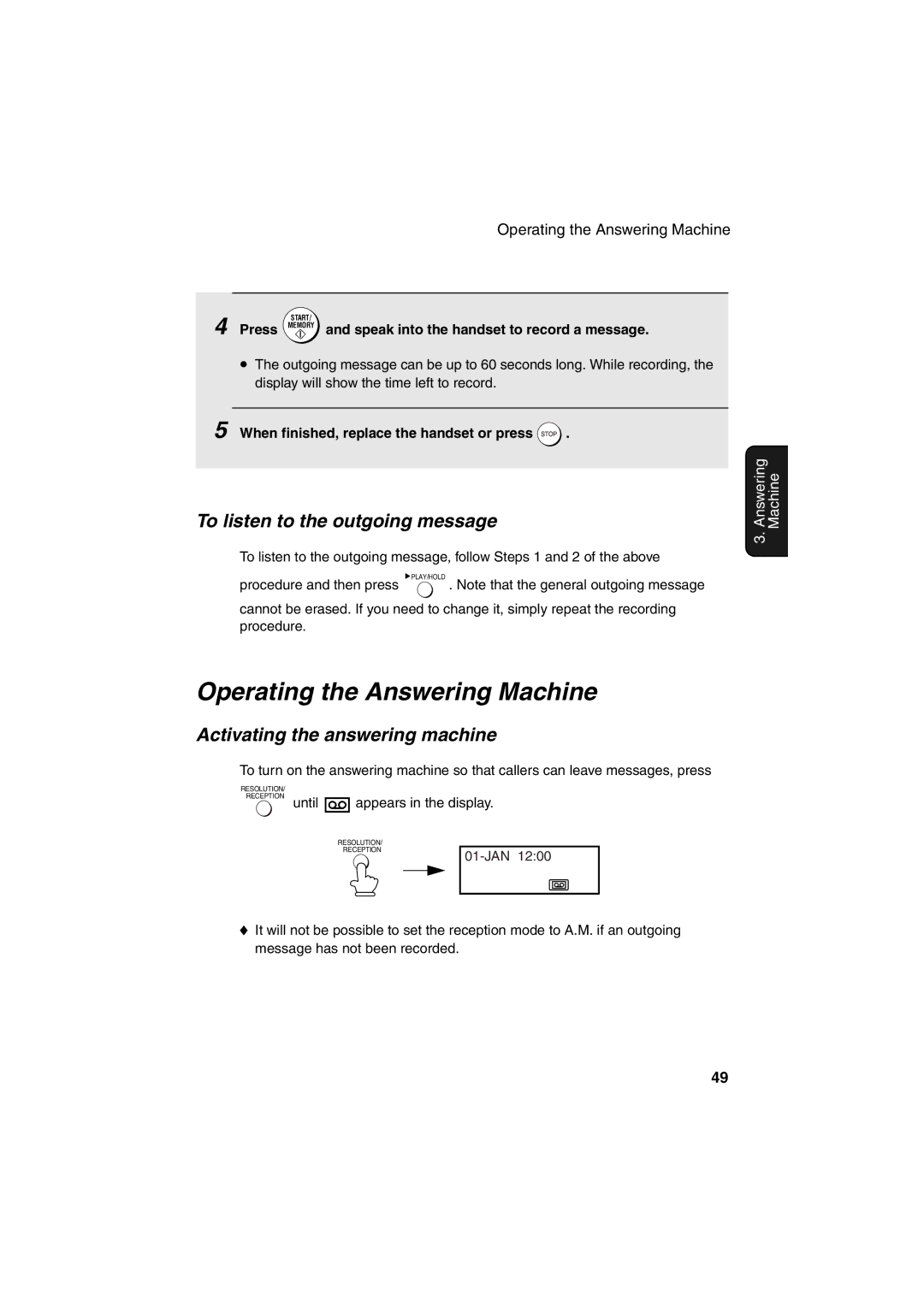 Sharp UX-BS60 Operating the Answering Machine, To listen to the outgoing message, Activating the answering machine 