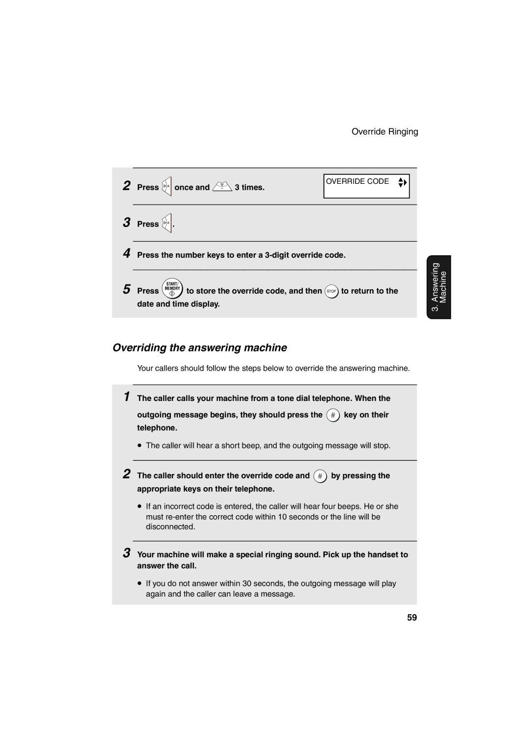 Sharp UX-BS60 Overriding the answering machine, Press Press the number keys to enter a 3-digit override code 