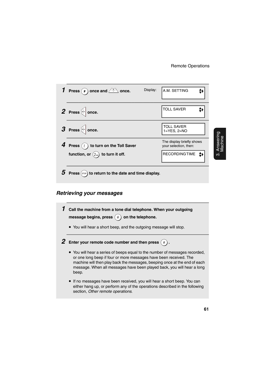 Sharp UX-BS60 operation manual Retrieving your messages, Press To turn on the Toll Saver, Function, or To turn it off 