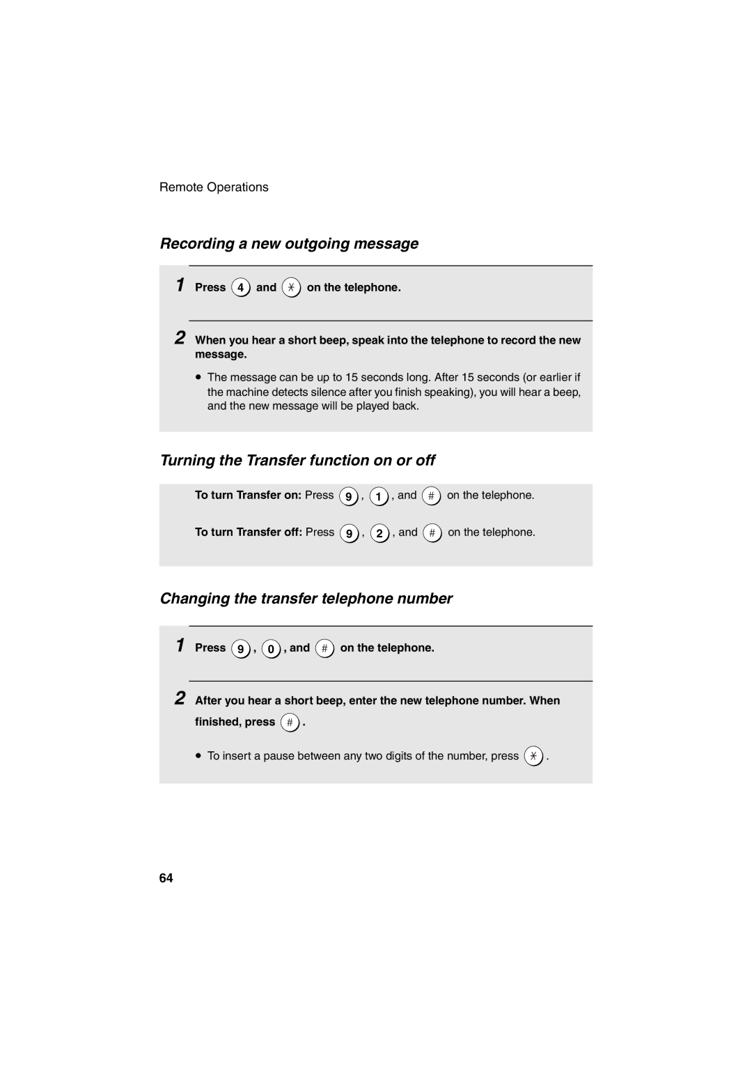 Sharp UX-BS60 Recording a new outgoing message, Turning the Transfer function on or off, To turn Transfer on Press 