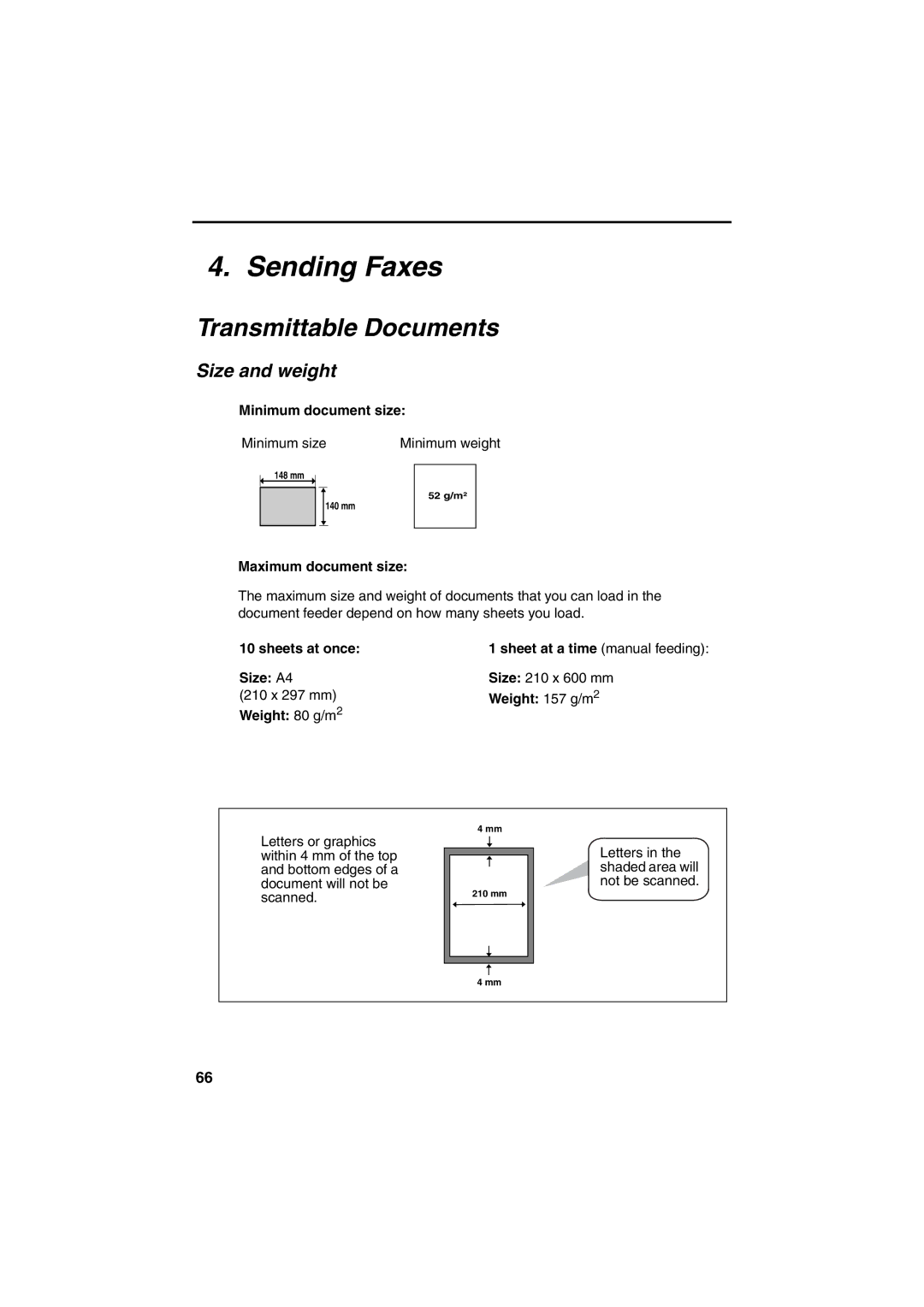 Sharp UX-BS60 operation manual Sending Faxes, Transmittable Documents, Size and weight 