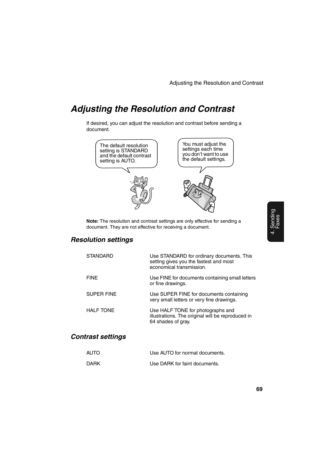 Sharp UX-BS60 operation manual Adjusting the Resolution and Contrast, Resolution settings, Contrast settings 