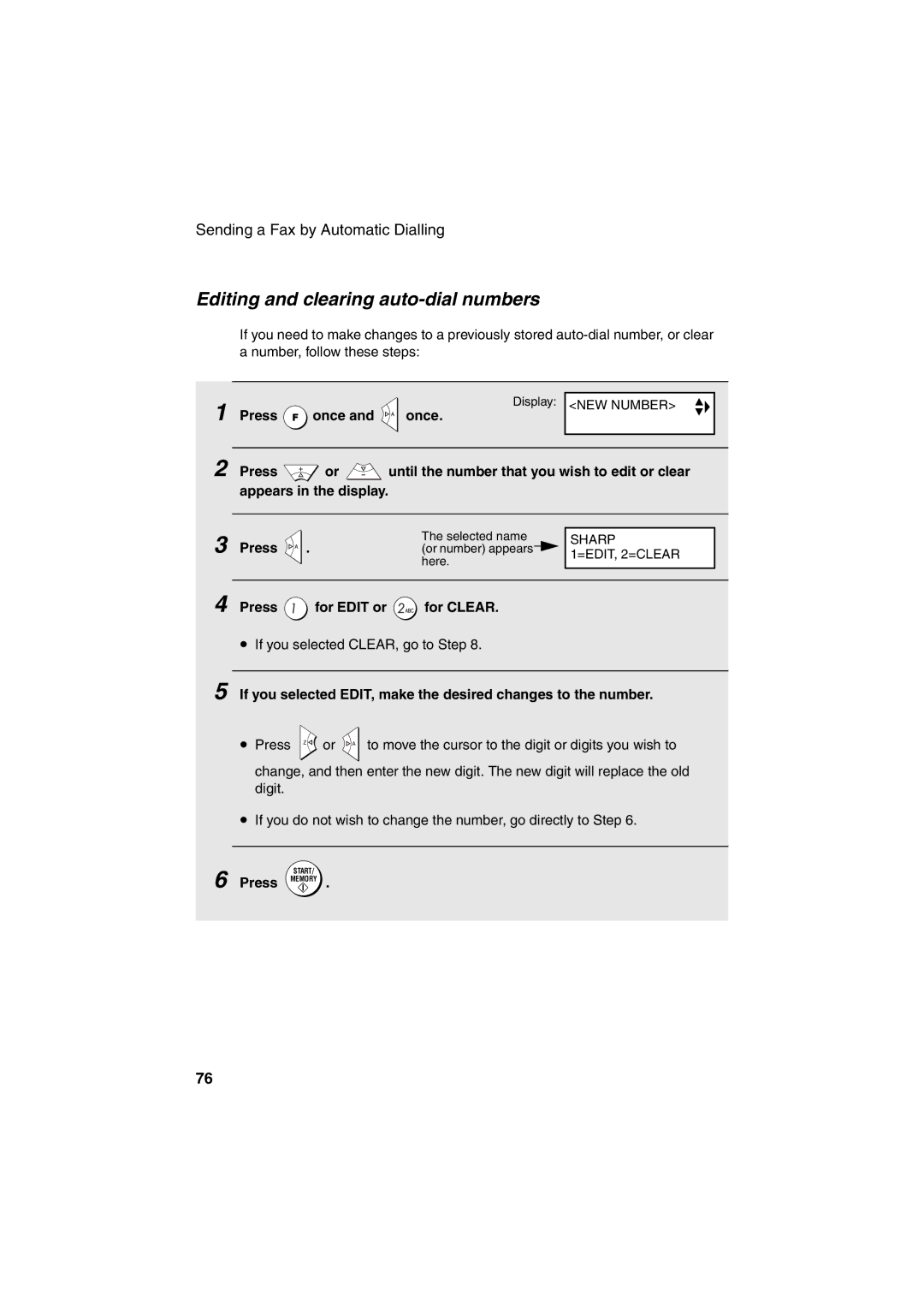 Sharp UX-BS60 operation manual Editing and clearing auto-dial numbers, Press for Edit or for Clear 