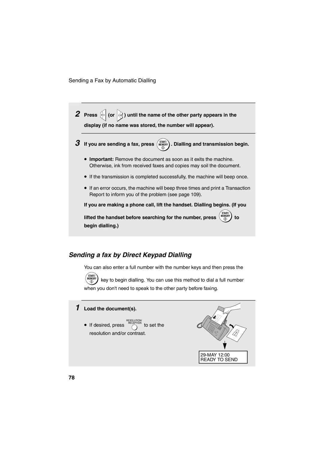 Sharp UX-BS60 operation manual Sending a fax by Direct Keypad Dialling, Load the documents 