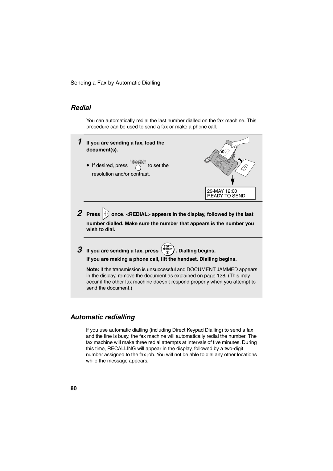 Sharp UX-BS60 operation manual Redial, Automatic redialling, If you are sending a fax, press Memory . Dialling begins 