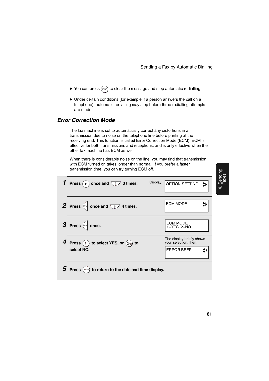 Sharp UX-BS60 operation manual Error Correction Mode, Press To select YES, or, Select no 